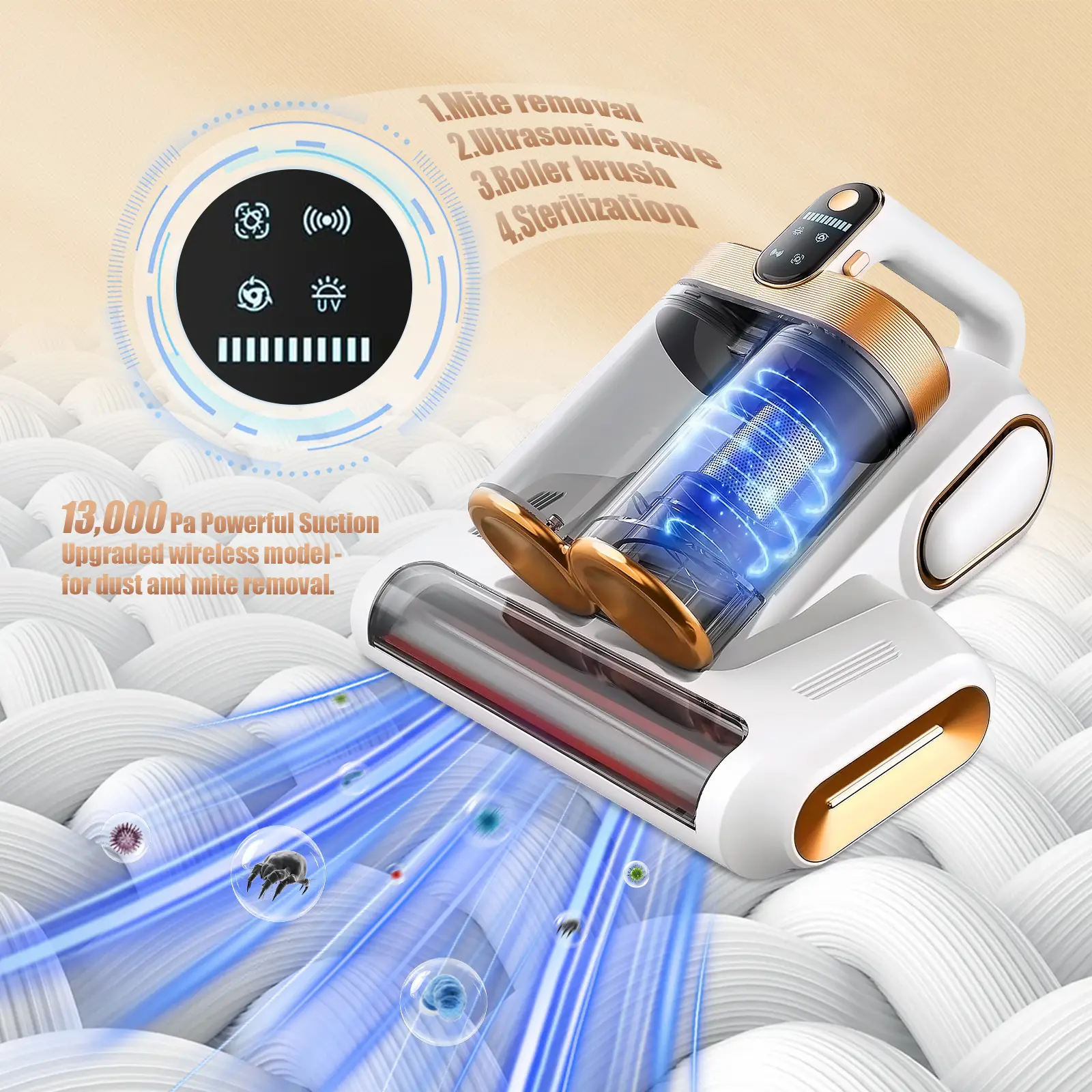 SRGARH Mattess Vacuum Cleaner, Bed Vacuum with 13000pa Powerful Suction 253.7nm UV-C Light, Ultrasonic Technology, 18000 RPM/Min Brushroll, Cordless H