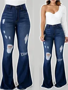 Elegant Vintage Denim Bell Bottoms, High Waist Slim Fit, Ripped Design, Elastic Pockets, Button Fly, Casual Women's Jeans Pantsbootcut jeans Womenswear