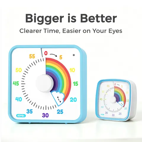 7.5-Inch Non-Ticking Large Visual Countdown Timer - 60-Minute Kids Pomodoro Timer with Magnetic Backing, 3 Alarm Volumes, Sound/Light/Vibration Alerts, 2 AA Batteries Included for Kitchen Cooking, Classroom Desk Use