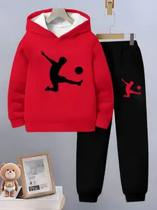 Boys' Football Print 3D Set 2.0, Hooded Sweatshirt and Pants Two-Piece Set, Autumn Winter Casual Kids Clothing