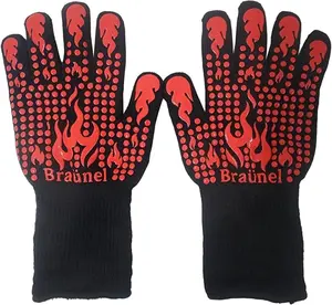 Braunel BBQ Gloves, 1472 Degree F Heat Resistant Grilling Gloves Silicone Non-Slip Oven Gloves Long Kitchen Gloves for Cooking, Barbecue, Baking, Cutting and More Bakeware Hanging