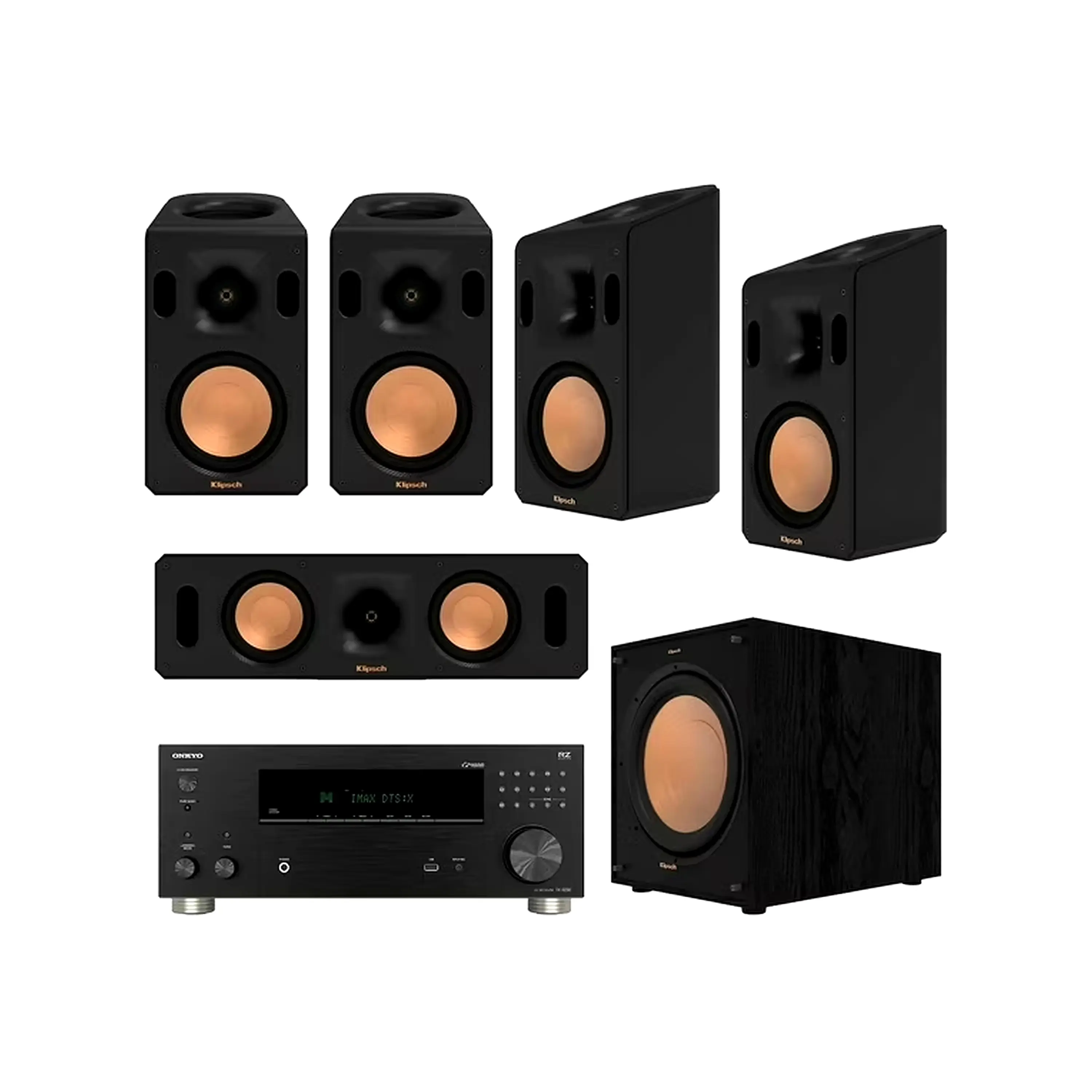 Klipsch Reference Cinema System, Black, Bundle with Onkyo TX-RZ30 170W 9.2-Channel 8K 4K Network AV Receiver