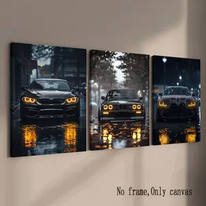 3 Piece Set Frameless Canvas Prints Bmw Car Poster, Rainy Night Art Print, Modern Wall Decor, Waterproof Home Decoration, Odorless Artwork
