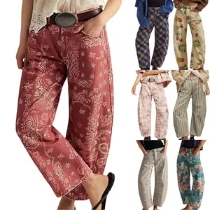 women's mid-rise floral print cropped jeans bohemian loose wide-leg jeans