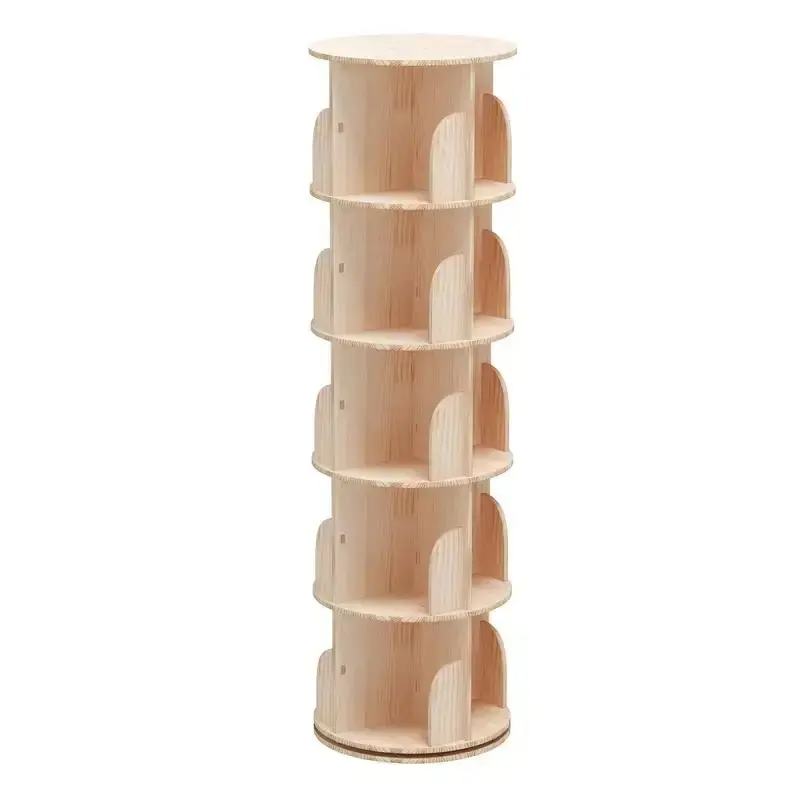 Solid Wood 360‑Degree Rotating Bookshelf and StorageTower with Multiple Shelves for Storage and Organization