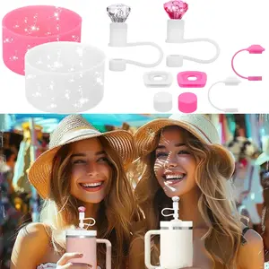 1 Set Cup Accessories, Including 2Pcs Diamond Straw Topper, 2 Pcs Silicone Spill Proof Stopper, 2Pcs Protective Glitter Silicone Boot, Pink and White Set for Cup 40/30 OZ
