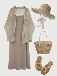 2 Piece Women's Casual Wear Matching Outfit Set, Loose Lightweight Soft Chiffon Shirt + Knitted Strap Midi Slip Dress, Comfortable Summer for Ladies