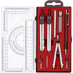 Compass Geometry Tool, 13PCS Compass and Protractors Set Math Geometry Drawing Tool Precision Set Graphic Compasses Triangle Rulers Pencils Protractor with Storage Case (Brown)