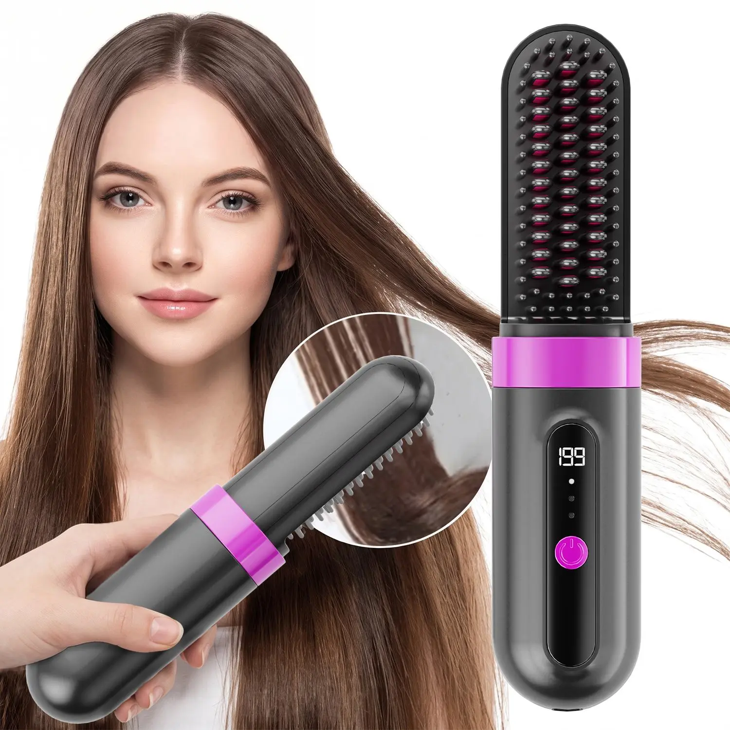 【Summergift】Portable Cordless Hair Hot Brush, Travel Hair Straightener, USB Rechargeable Wireless Straightening Comb with LED Display, Safe Mode, Anti-Scald Design, 1-in-1 Styling Tool for Home, Travel