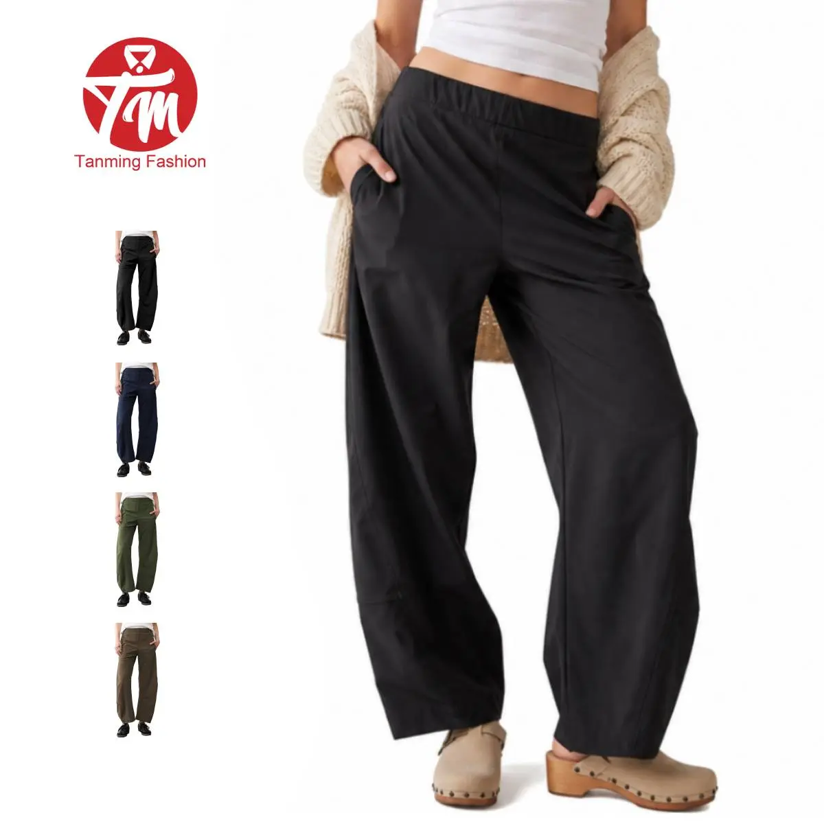 Tanming Women's High Waisted Barrel Leg Bottoms, Loose Fit Casual Pants with Deep Pockets, Stretchy Quick-Dry Fabric