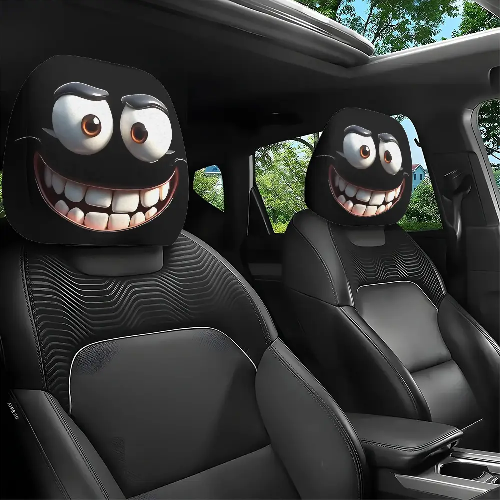 2pcs Set of Funny Big-Eyed Grinning Cartoon Print Car Seat Headrest Covers, Universal Fit for Long Road Trips & Daily Commutes – Perfect for Halloween