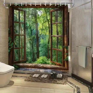 1pc forest plant pattern design shower curtain, perfect for bathroom decoration, partition, beautification space, durable polyester material, easy to clean, machine washable, multiple sizes available, free hook, Bathroom Accessory