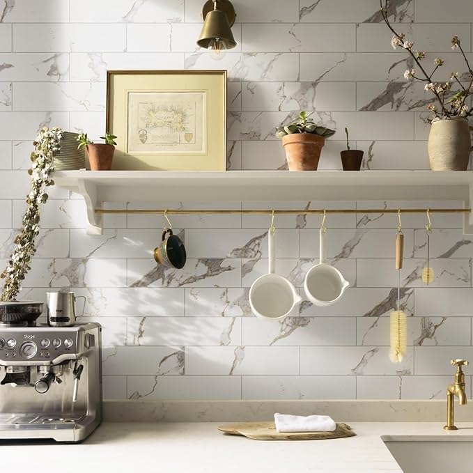 Vamos Tile 40-Piece Glossy Statury White Peel and Stick Backsplash Wall Tiles with Dark Gray Grout, 3" x 12" PVC Faux Stone Backsplash Tiles for Kitchen, Bathroom, Laundry Room, Camper, Fireplace