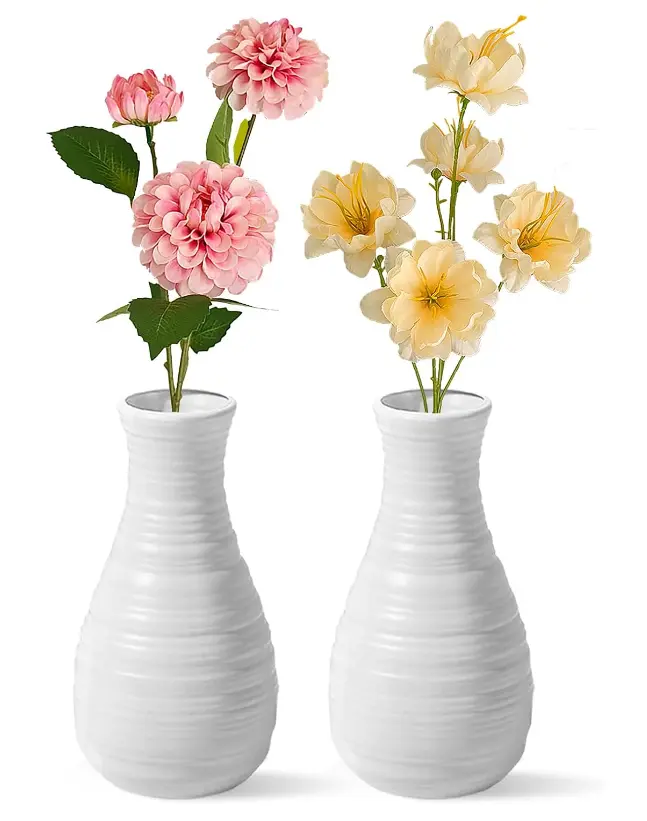 2 Pack Composite Plastics Flower Vase, Unbreakable Ceramic Look Vase for Home Decor Centerpieces, Arranging Bouquets (White)