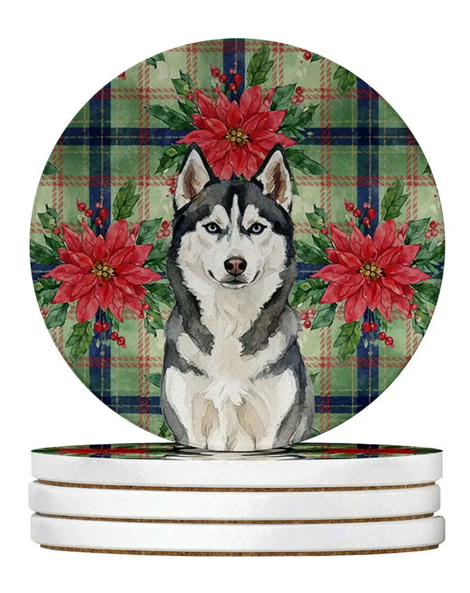 Carolines Treasures WDK8821RCS4 4 x 4 in. Siberian Husky Christmas Poinsettias Large Sandstone Coasters, Pack of 4