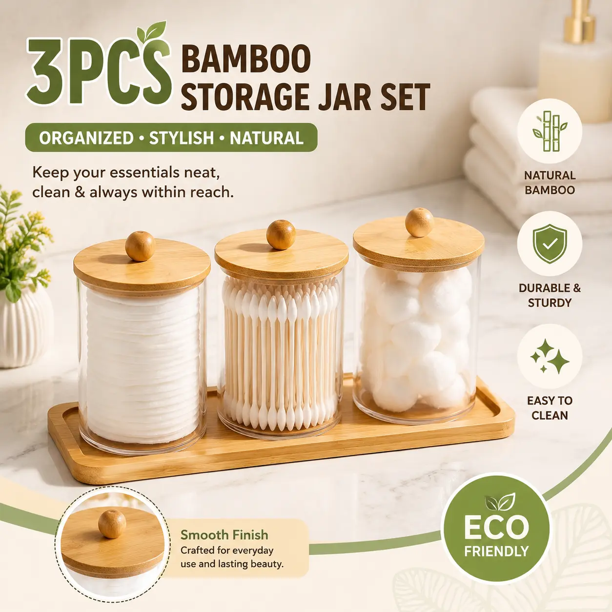 3 Pack Bamboo Bathroom Storage Jars with Bamboo Tray, Clear Apothecary Canisters with Bamboo Lids, Cotton Swab Holder Cotton Ball Cotton Pad Dispenser, Vanity Countertop Organizer for Q-tips Floss Picks