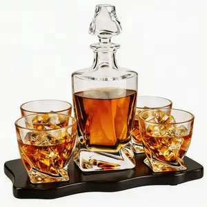 The Wine Savant Italian Crafted Crystal 5 Piece European Style Wine & Whiskey Decanter 855ml with 4 Glasses & Wood Sophisticated Tray Set Spirits, Scotch, & Bourbon Whiskey Decanter Sets for Men