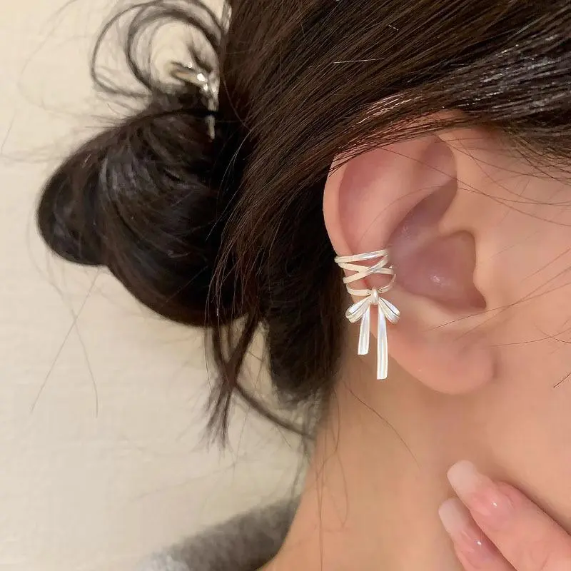 VENTFILLE 925 Sterling Silver Bow Knot Ear Clip for Women Girl Ribbon Design Ballet Style Sweet Jewelry Gift
