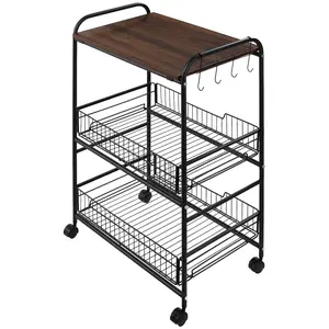 Walnut Finish Compact Kitchen Cart for Corner Breakfast Nook with Two Sliding Baskets for Onion Potato Storage and Hooks for Dish Cloths Assembly Required