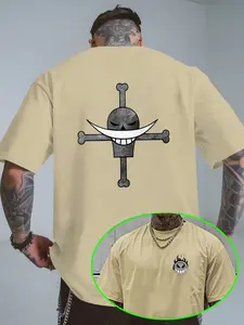 Summer Japanese Anime One Piece Logo Print Men's Casual Round Neck Short Sleeve T-Shirt, Streetwear Harajuku Sports Shirt Unisex