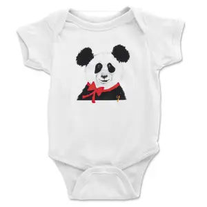 "Festive Panda: Hand-Painted Panda Bow Holiday Onesie for Adorable Holiday Style