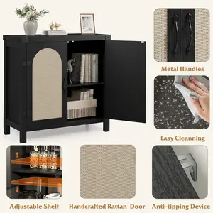 Gaomon 31.5in Natural Rattan Buffet Cabinet with Kitchen Storage, Arched Doors, Adjustable Shelf & Handle - Boho Farmhouse Sideboard for Kitchen, Living Room (Black)