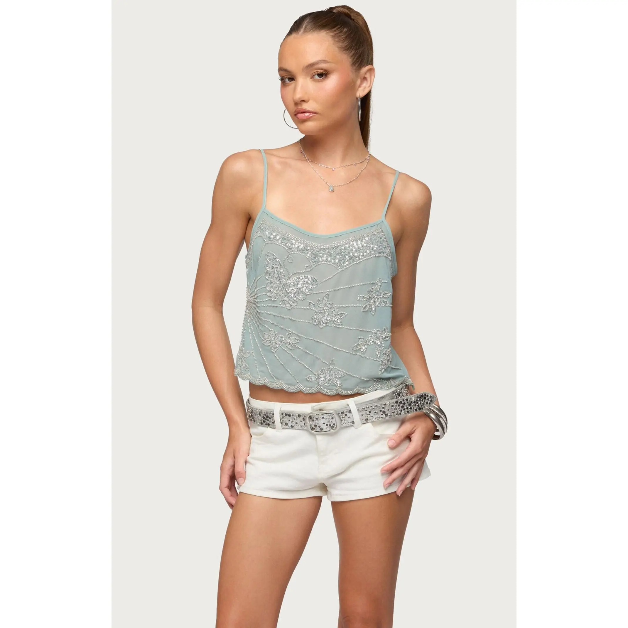 Edikted Women's Bead and Sequin Chiffon Tank Top