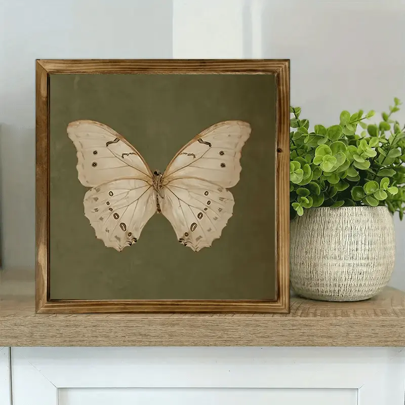 1pc Artistic Vintage Butterfly Print Wall Decoration, Polished Wooden Frame, Farmhouse Style Fits Cozy Home Spaces, 8x8 in., No Power/Battery Needed, Ideal for Living Room, Perfect Gift
