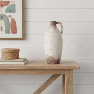 360 Stand 12 in. Distressed Hand-Painted Rustic Ivory & Brown Ceramic Round Standing Jug Vase, Indoor Room Decor Piece, Ideal Home Supplies Gift