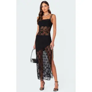 Edikted Women's Sheer Mesh & Lace Patchwork Maxi Dress