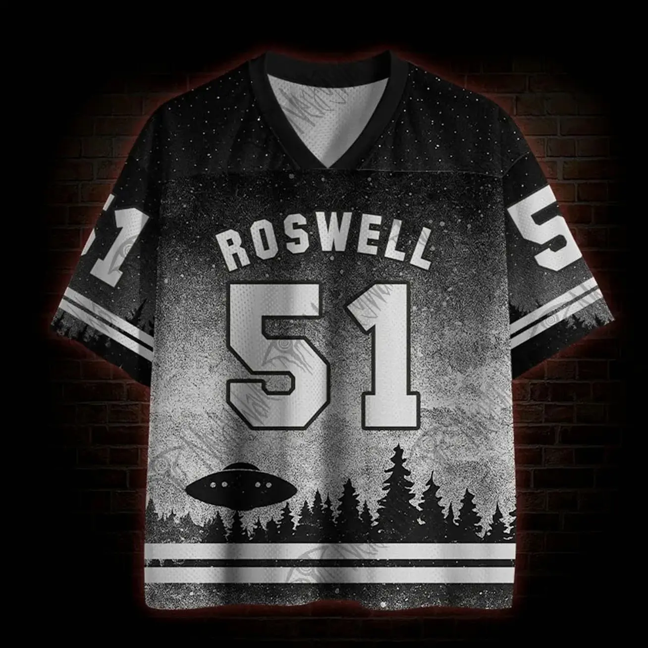Roswell UFO Crash 1947 Mesh Jersey, Alien Flying Saucer Graphic Jersey Shirt, New Mexico Extraterrestrial Conspiracy Streetwear 87T