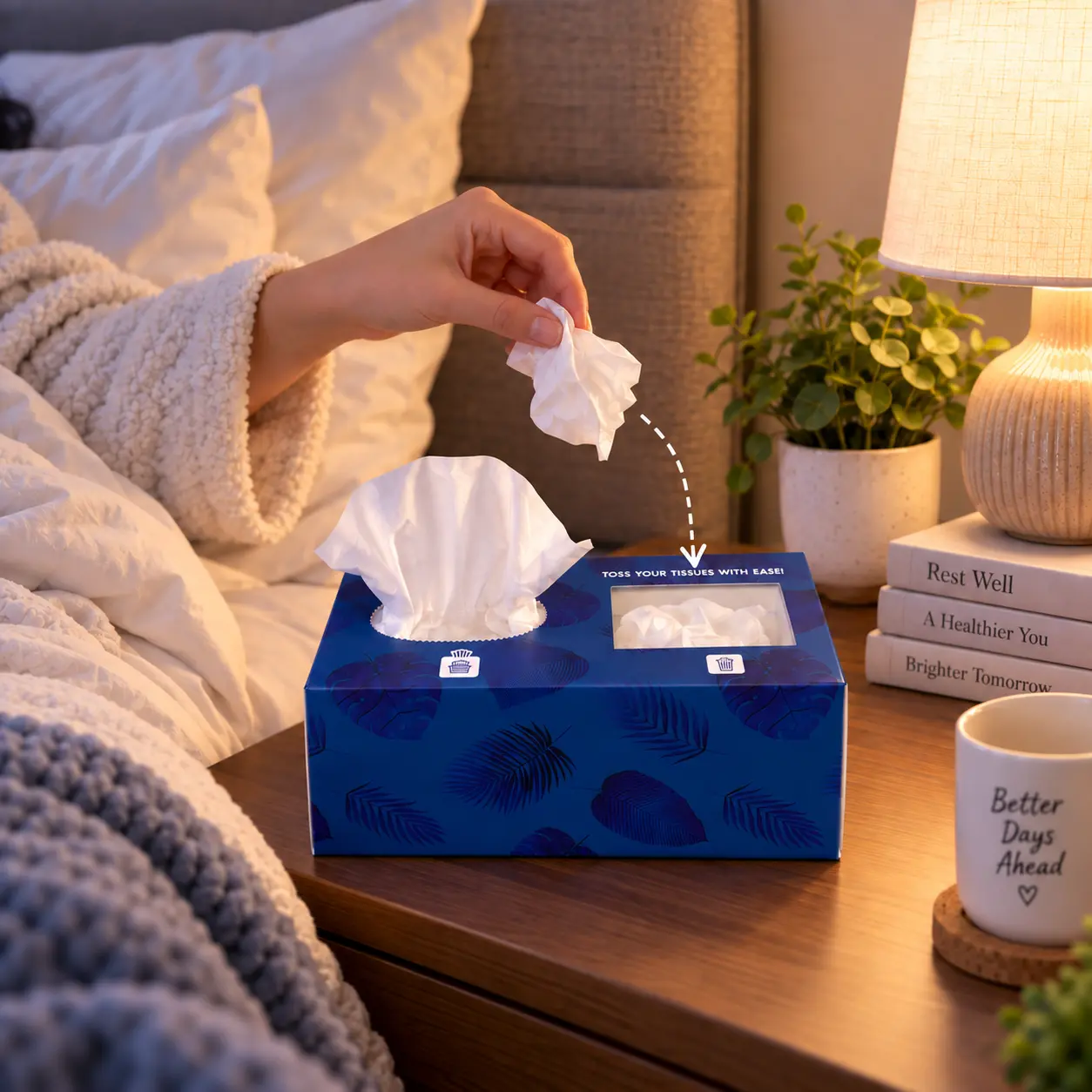 2 in 1 Clean Tissue Box with Built-In Trash Compartment - 2-Ply Durable Tissues, 75 Per Box, Sick Day & Cold/Flu Essential for Bedside, Car