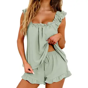 Women's Ruffle Pajama Set Square Neck Smocked Babydoll Top Ruffled Mini Shorts Pjs White Bridal Bridesmaid Coquette Sleepwear Loungewear - Polyester, Womenswear