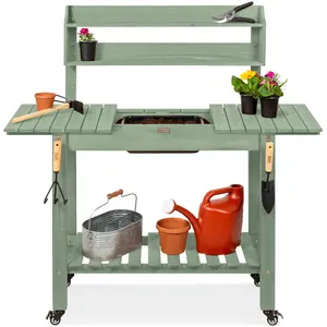Best Choice Products Wood Garden Potting Bench Workstation, Sliding Tabletop, 4 Locking Wheels, Dry Sink