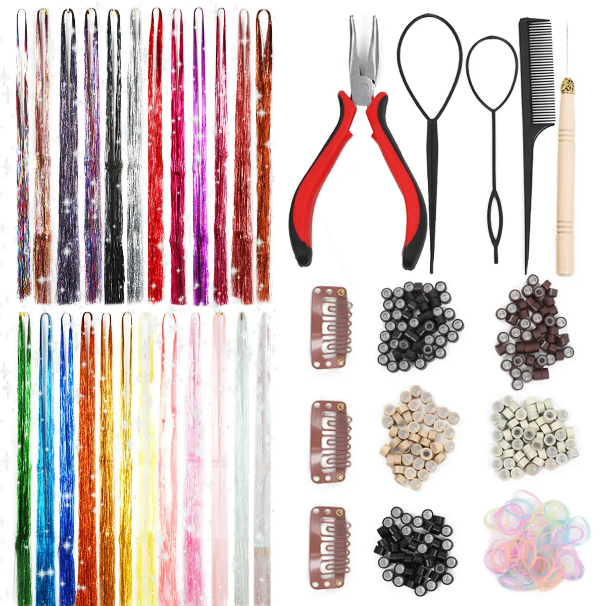 MissAlle Glitter Hair Tinsel Kit for Girls 24 Colors Fairy Glitter Tinsel Hair Extensions | 48 Inch 8600 Strands Holographic Colored Bling Hair Tinsel Heat Resistant Hair Accessories for Women Christmas Party Festival