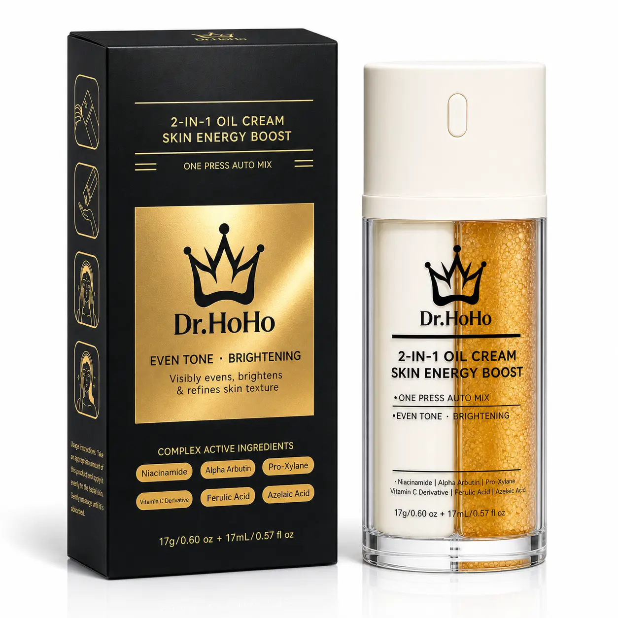 Dr.HoHo Niacinamide & Vitamin C Brightening Serum – 2-in-1 Oil Cream with Alpha Arbutin & Azelaic Acid – Dark Spot Remover & Skin Energizer – Hydrating Lightening Face Care for Even Tone & Glow