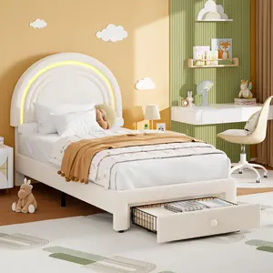 Beige Twin Upholstered LED Kids Furniture Bedroom Floor Bed Frame - Berber Fleece Princess Storage Bed with Rainbow Headboard, Solid Wood Slat Support, 1 Storage Drawer, No Box Spring Needed, Easy Assembly