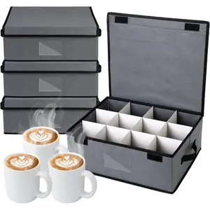 4 Pack Cup and Mug Storage Box with Dividers, Wine Glass Storage Box with Lid and Handle, Holds 48 Coffee Mugs and Tea Cups for Glassware Protection Moving
