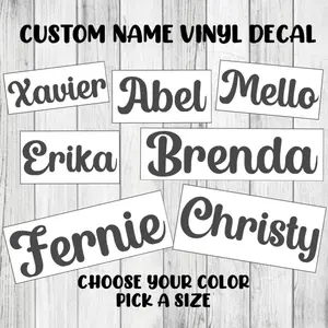 Custom Name Decal Personalized Fancy Cursive Lettering Sticker Organiser, Bottles, Cups, Canister, Tin, Laptop, Luggage, Car, Truck, Window, Wall vinyl