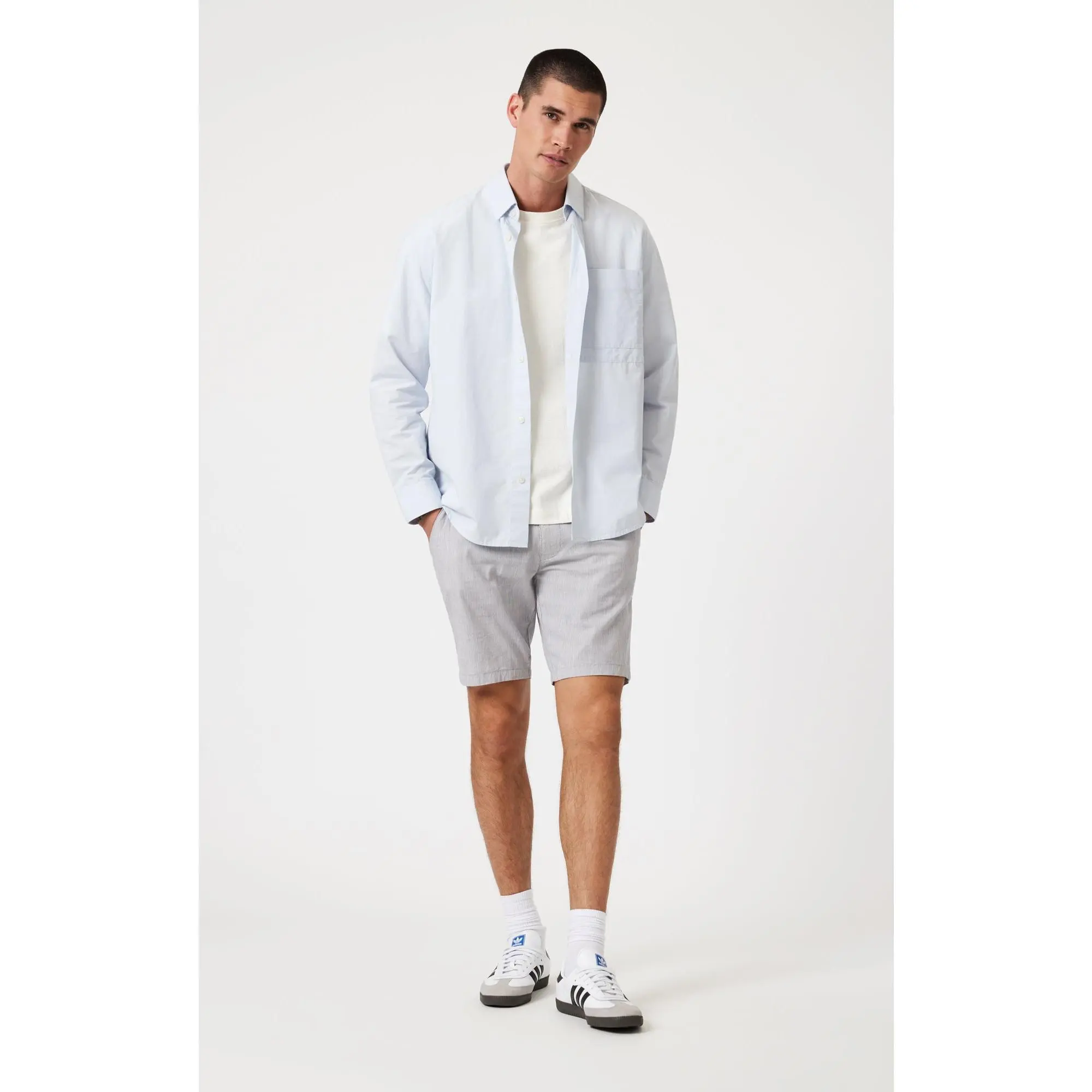Men's Noah Linen-Stripe Stretch Casual Shorts - Light Grey, Breathable Cotton-Fabric Menswear Bottoms, Elastane, Cotton-Linen, Dual Fabric Layer Men's Shorts, Striped, Stretch Fit, Expandable, Maximum Stretch