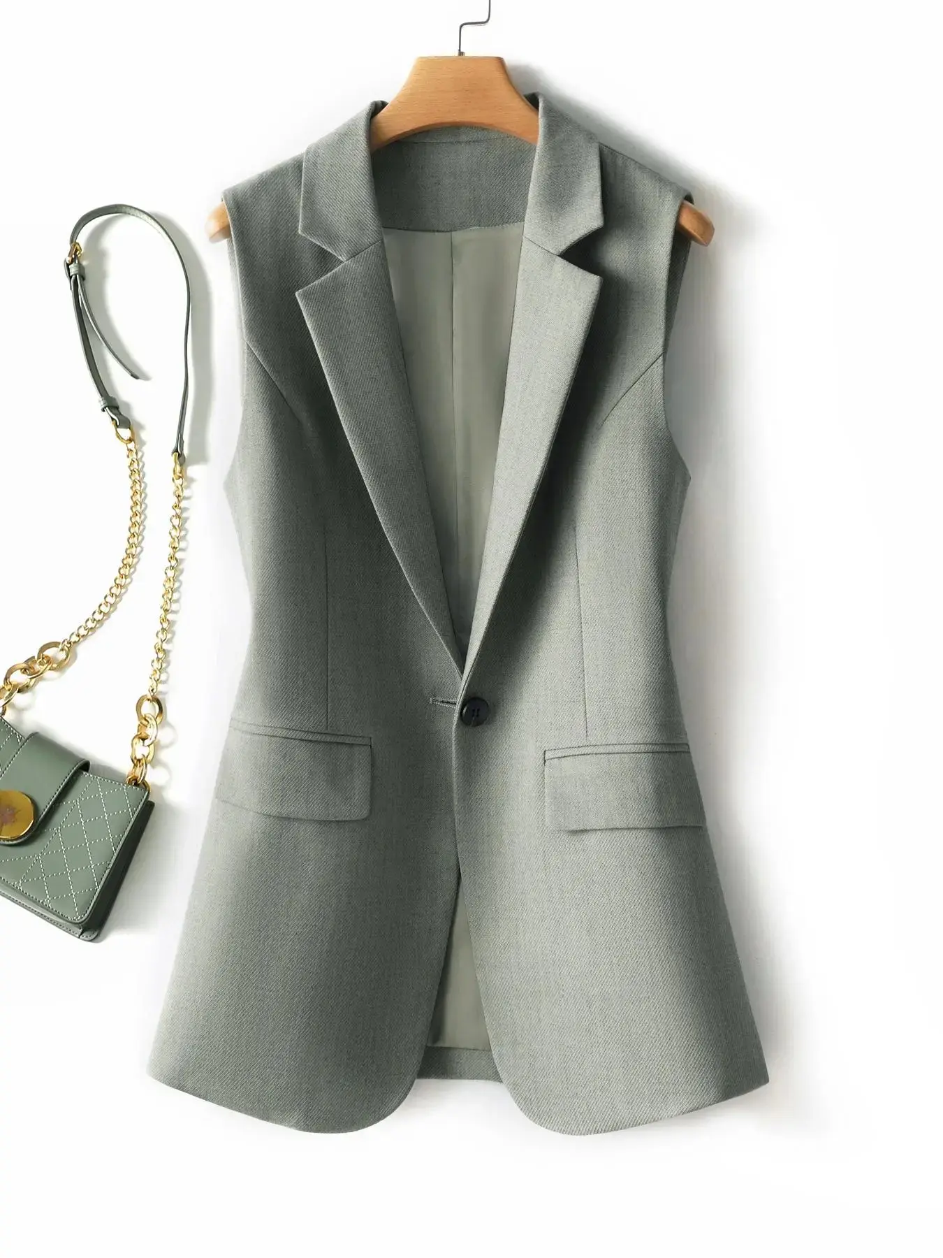 Women's Solid Button Front Lapel Neck Vest Blazer, Minimalist Casual Pocket Design Waistcoat for Work Office Business Formal, Ladies Spring & Fall Clothes, Womenswear
