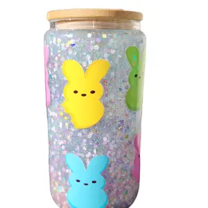 Easter Snowglobe Cup - Decorative Bottle with Glittery Design Featuring Easter Bunny Characters in Assorted Colors - Drinkware