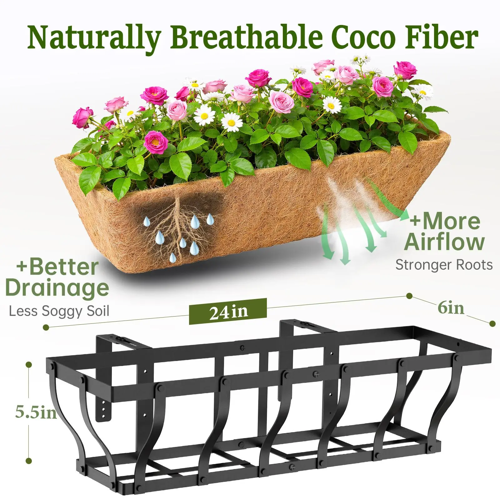 VOXOR Adjustable Metal Railing Hanging Plant Pot Planter Box with Coco  Liner, 2-3 Pack, 24 in, Black Outdoor Planters - TikTok Shop