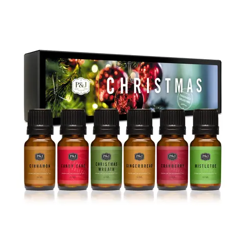 Christmas Set of 6 Fragrance Oils 10ml | Christmas Wreath, Mistletoe, Candy Cane, Gingerbread, Cinnamon & Cranberry - IFRA-Certified Premium Scented Oils for Candles, Wax Melts, Soap, Bath, Body & Diffusers - Aromatic Home Fragrance Oil - Gift Set