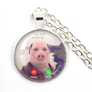 Funny Pig Pendant Necklaces John Pork Is Calling Answer Call Phone Necklace Humor Funny Pig Cabochon Glass Fashion Statement Crystal