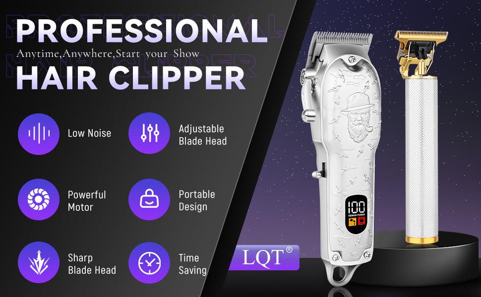 LQT Silver Vintage Beard Engraved 2-in-1 Men's Grooming Kit, Cordless Hair Clipper with LCD Display, Gold T-Blade Trimmer, Complete Rechargeable Barber Set with Guide Combs & Cape for Salon & Home DIY Haircuts, Fades, Edges & Beard Shaping