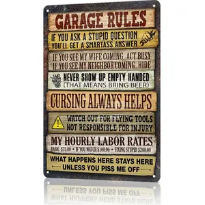 Funny Signs, Garage Rules Funny Humorous Wall Decor for Man Cave, Garage & Workshop, Vintage Style Guy Space Decor 8x12inch Aluminum Metal Sign