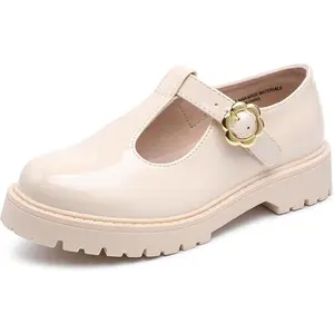 SHOESLOCKER Kids Girls Mary Janes Glossy Patent Leather Flower Buckle Thick Platform Non-Slip School Party Dress Flats Shoes all-match round toe shoe LED Light-Up Sneakers