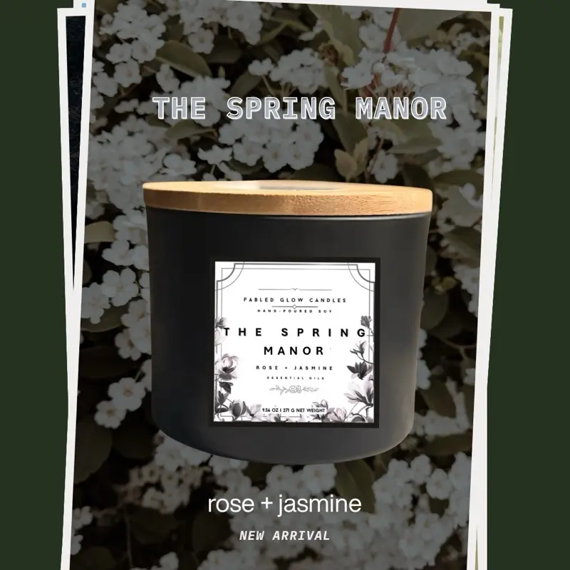 The Spring Manor - Rose + Jasmine Soy Candle by Fabled Glow Candles | New Arrival Hand Poured Wax Aromatic Scented Candle