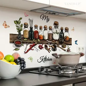 A 2D flat simulated kitchen seasoning bottle with English butterflies kitchen wall sticker Wall Art Stickers for home decoration, self-adhesive (30*90cm) (M18091)